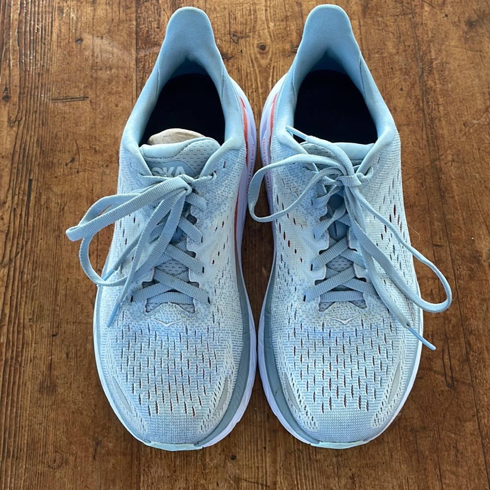 Women’s Hoka Clifton 8. Color is Aquarelle/Eggshell Blue.  Size 7 D (wide)